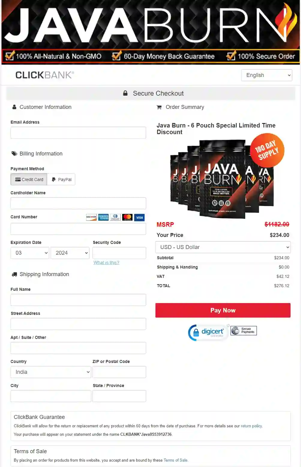 java burn checkout page